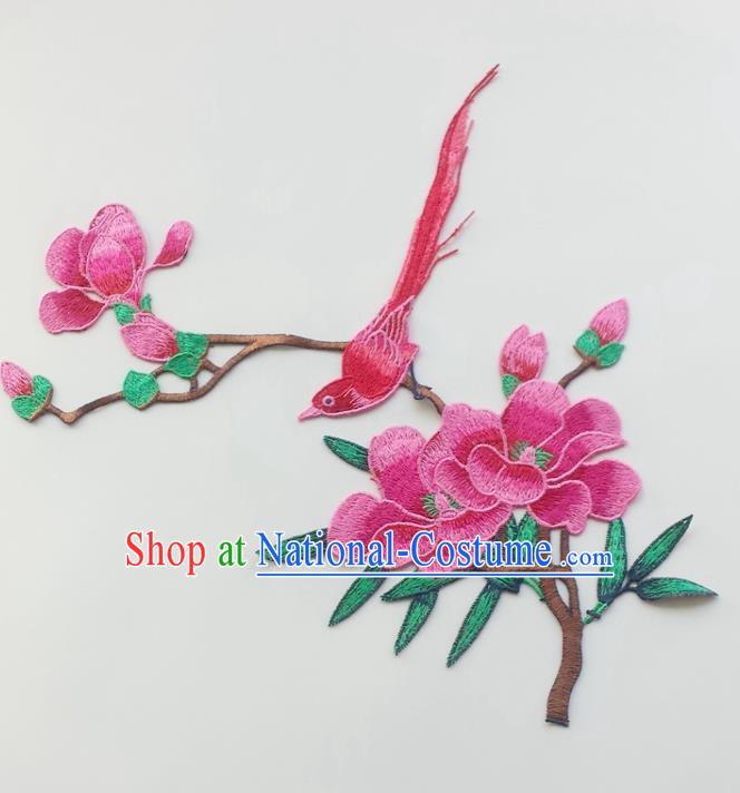 Chinese Traditional Embroidery Rosy Yulan Magnolia Bird Applique Embroidered Patches Embroidering Cloth Accessories