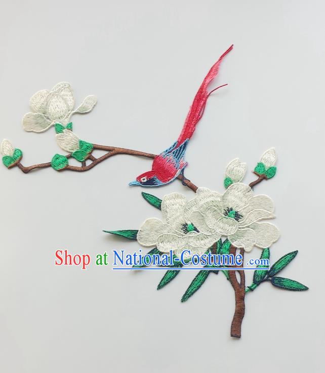 Chinese Traditional Embroidery White Yulan Magnolia Bird Applique Embroidered Patches Embroidering Cloth Accessories