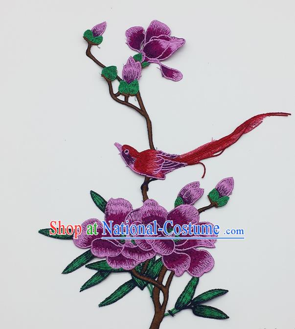 Chinese Traditional Embroidery Purple Yulan Magnolia Bird Applique Embroidered Patches Embroidering Cloth Accessories