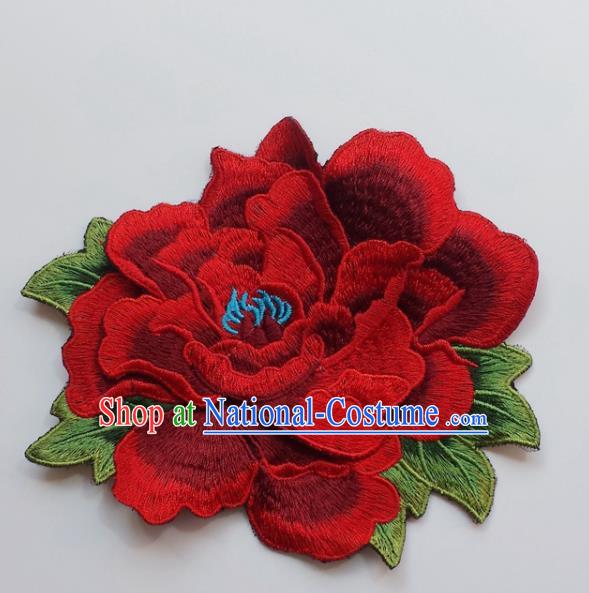 Chinese Traditional Embroidery Red Peony Flowers Applique Embroidered Patches Embroidering Cloth Accessories