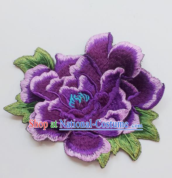 Chinese Traditional Embroidery Purple Peony Flowers Applique Embroidered Patches Embroidering Cloth Accessories