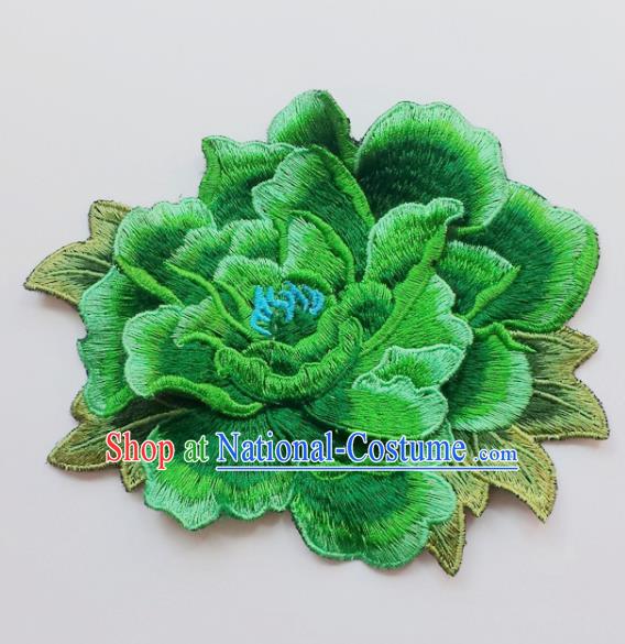 Chinese Traditional Embroidery Green Peony Flowers Applique Embroidered Patches Embroidering Cloth Accessories