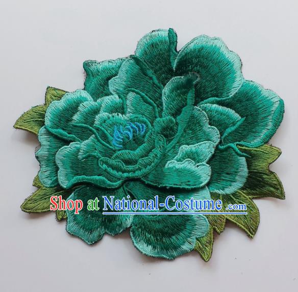 Chinese Traditional Embroidery Peacock Green Peony Flowers Applique Embroidered Patches Embroidering Cloth Accessories