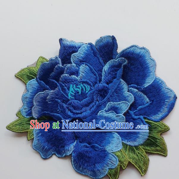 Chinese Traditional Embroidery Royalblue Peony Flowers Applique Embroidered Patches Embroidering Cloth Accessories