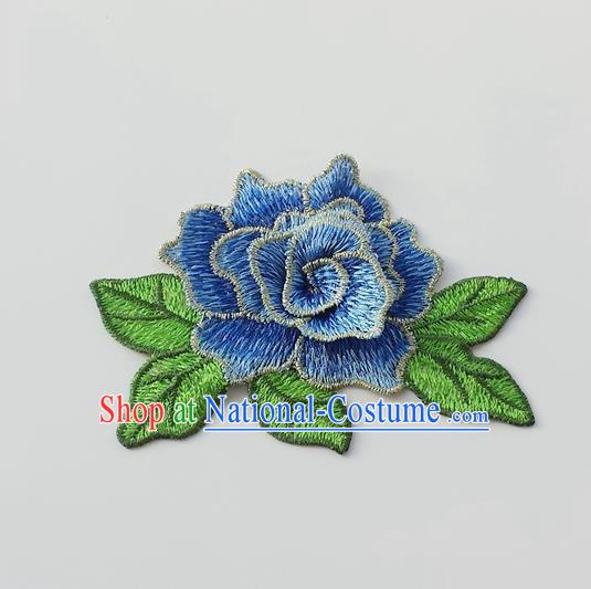 Chinese Traditional Blue Embroidery Peony Applique Embroidered Patches Embroidering Cloth Accessories