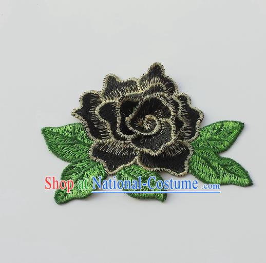 Chinese Traditional Black Embroidery Peony Applique Embroidered Patches Embroidering Cloth Accessories