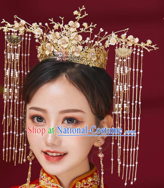 Chinese Ancient Bride Silk Flowers Phoenix Coronet Hairpins Traditional Wedding Xiu He Hair Accessories Complete Set for Women