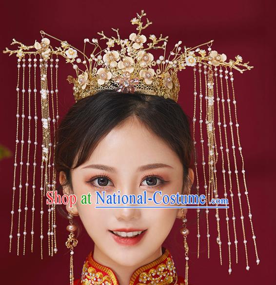 Chinese Ancient Bride Silk Flowers Phoenix Coronet Hairpins Traditional Wedding Xiu He Hair Accessories Complete Set for Women