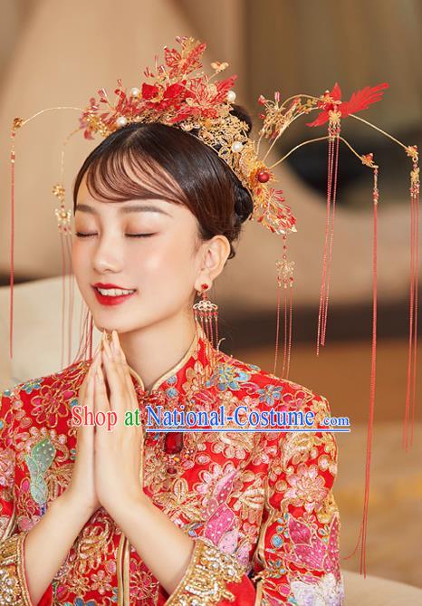 Chinese Ancient Bride Red Butterfly Phoenix Coronet Hairpins Traditional Wedding Xiu He Hair Accessories Complete Set for Women