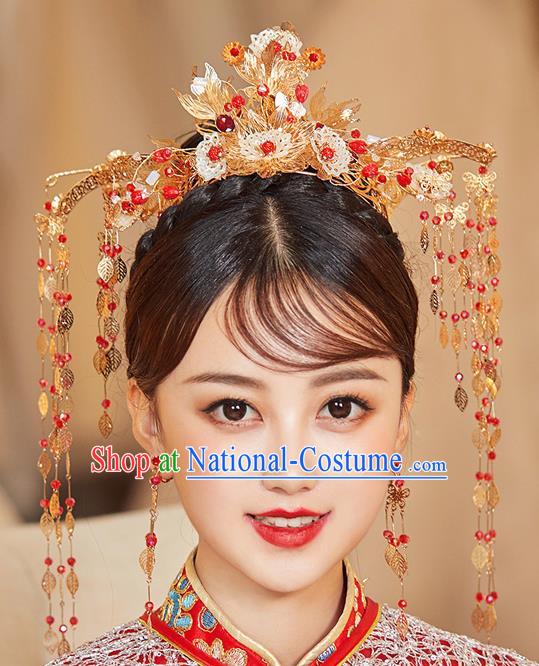 Chinese Ancient Bride Flowers Phoenix Coronet Hairpins Traditional Wedding Xiu He Hair Accessories Complete Set for Women