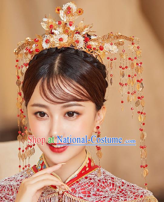 Chinese Ancient Bride Flowers Phoenix Coronet Hairpins Traditional Wedding Xiu He Hair Accessories Complete Set for Women