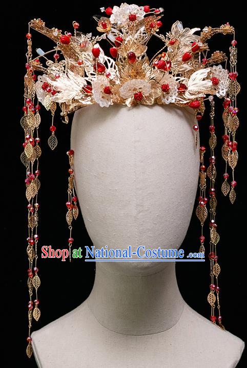 Chinese Ancient Bride Flowers Phoenix Coronet Hairpins Traditional Wedding Xiu He Hair Accessories Complete Set for Women