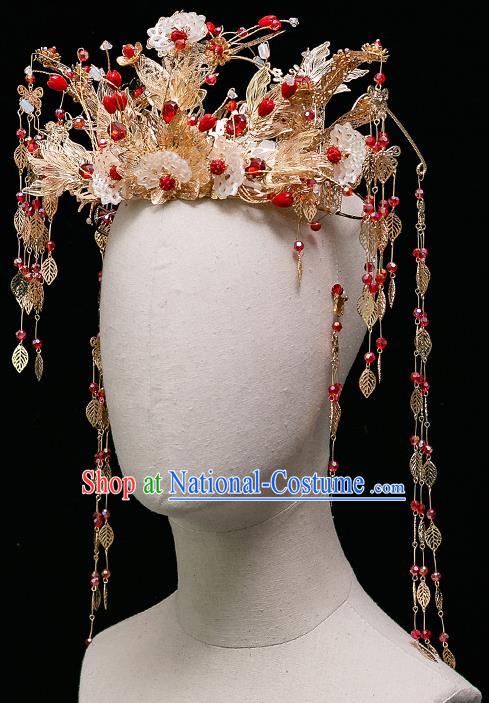 Chinese Ancient Bride Flowers Phoenix Coronet Hairpins Traditional Wedding Xiu He Hair Accessories Complete Set for Women