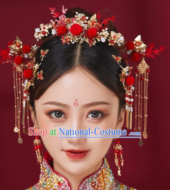 Chinese Ancient Bride Red Venonat Phoenix Coronet Hairpins Traditional Wedding Xiu He Hair Accessories Complete Set for Women