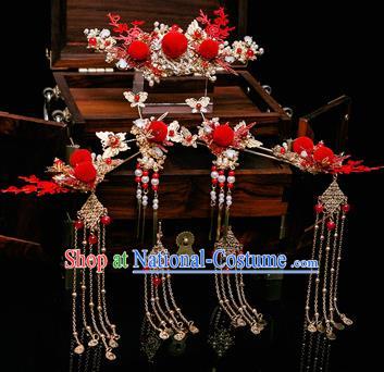 Chinese Ancient Bride Red Venonat Phoenix Coronet Hairpins Traditional Wedding Xiu He Hair Accessories Complete Set for Women