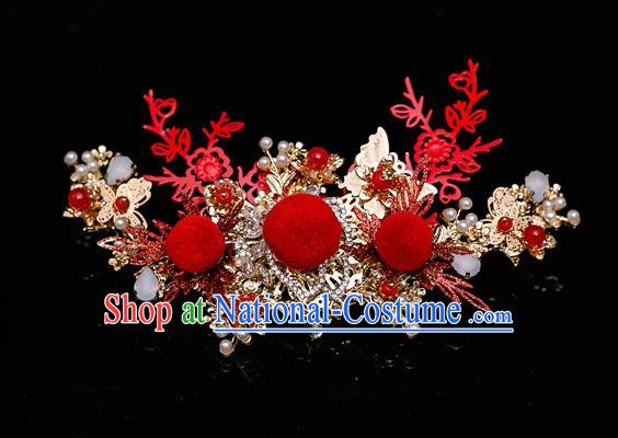 Chinese Ancient Bride Red Venonat Phoenix Coronet Hairpins Traditional Wedding Xiu He Hair Accessories Complete Set for Women