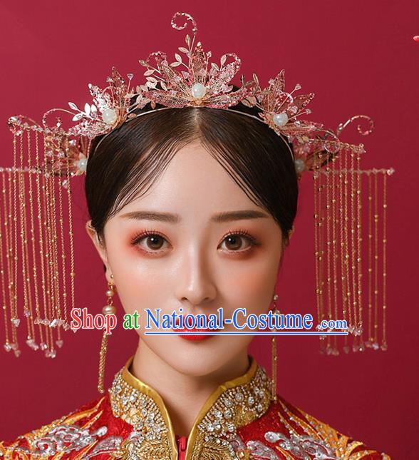 Chinese Ancient Bride Crystal Phoenix Coronet Hairpins Traditional Wedding Xiu He Hair Accessories Complete Set for Women