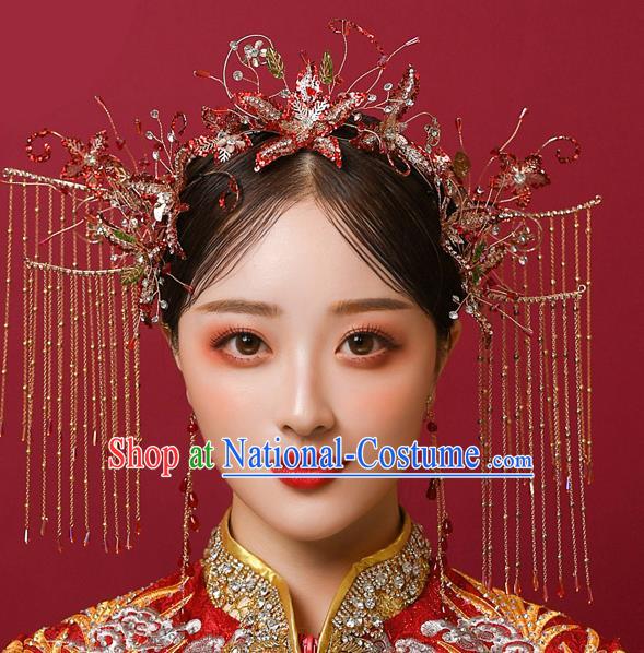 Chinese Ancient Bride Red Beads Phoenix Coronet Tassel Hairpins Traditional Wedding Xiu He Hair Accessories Complete Set for Women