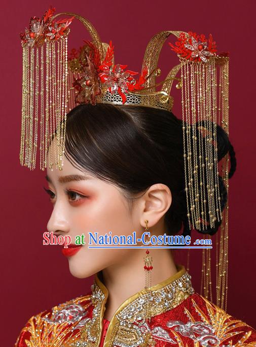 Chinese Ancient Bride Red Phoenix Coronet Hairpins Traditional Wedding Xiu He Hair Accessories Complete Set for Women