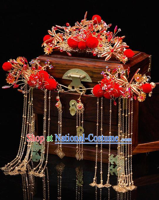 Chinese Ancient Bride Red Venonat Hair Crown Hairpins Traditional Wedding Xiu He Hair Accessories Complete Set for Women