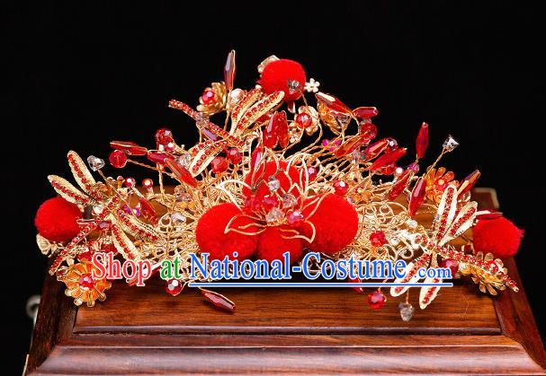 Chinese Ancient Bride Red Venonat Hair Crown Hairpins Traditional Wedding Xiu He Hair Accessories Complete Set for Women