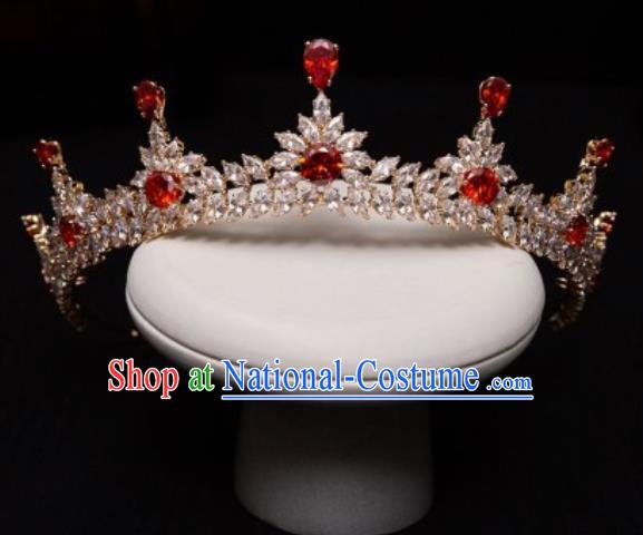 Handmade Wedding Red Crystal Zircon Royal Crown Princess Bride Hair Accessories for Women