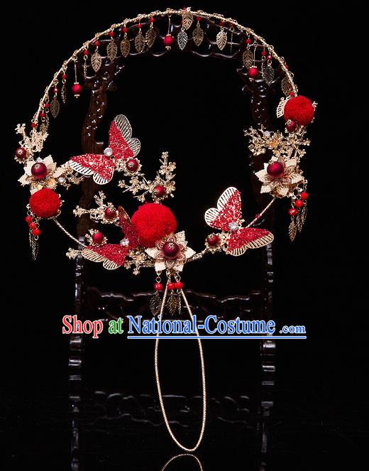 Chinese Ancient Bride Prop Red Butterfly Palace Fans Traditional Wedding Xiu He Accessories Round Fan for Women