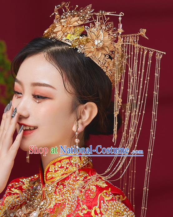 Chinese Ancient Bride Golden Tassel Phoenix Coronet Hairpins Traditional Wedding Xiu He Hair Accessories Complete Set for Women