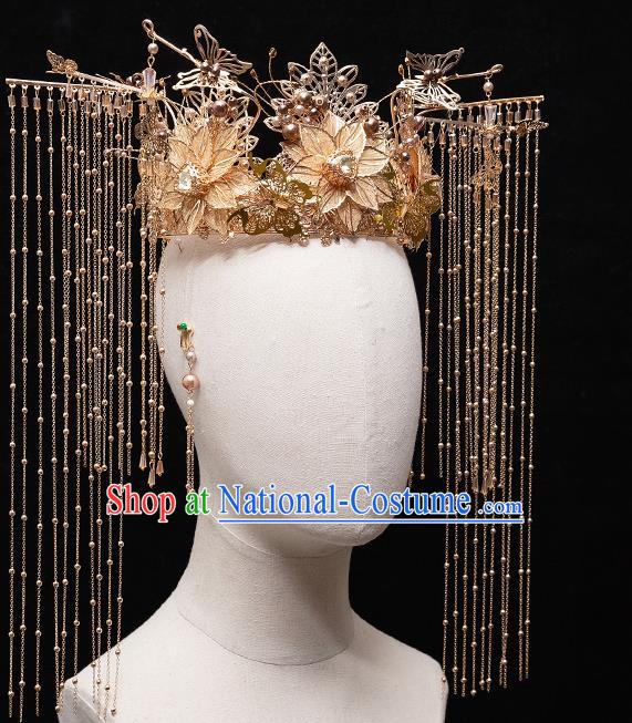 Chinese Ancient Bride Golden Tassel Phoenix Coronet Hairpins Traditional Wedding Xiu He Hair Accessories Complete Set for Women