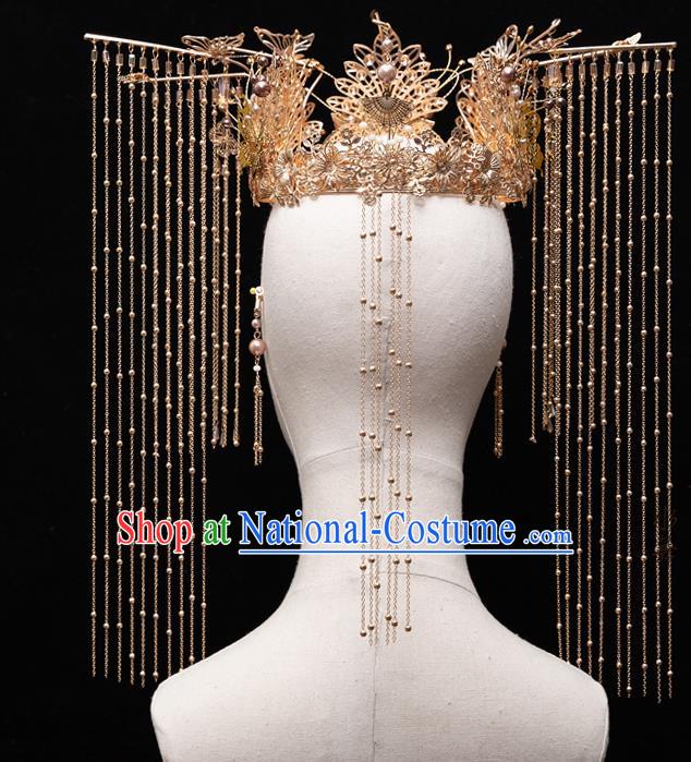 Chinese Ancient Bride Golden Tassel Phoenix Coronet Hairpins Traditional Wedding Xiu He Hair Accessories Complete Set for Women