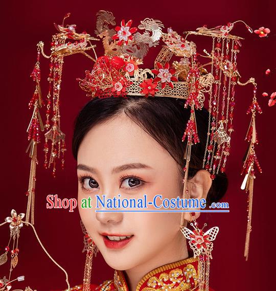 Chinese Ancient Bride Red Flowers Tassel Phoenix Coronet Hairpins Traditional Wedding Xiu He Hair Accessories Complete Set for Women