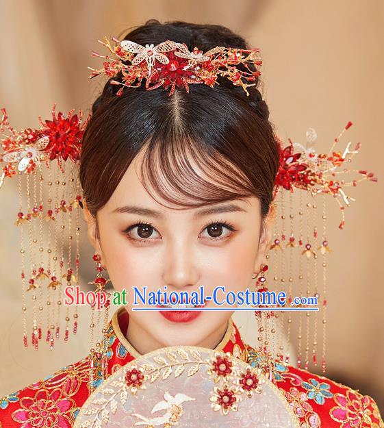 Chinese Ancient Bride Dragonfly Hair Comb Hairpins Traditional Wedding Xiu He Hair Accessories Complete Set for Women