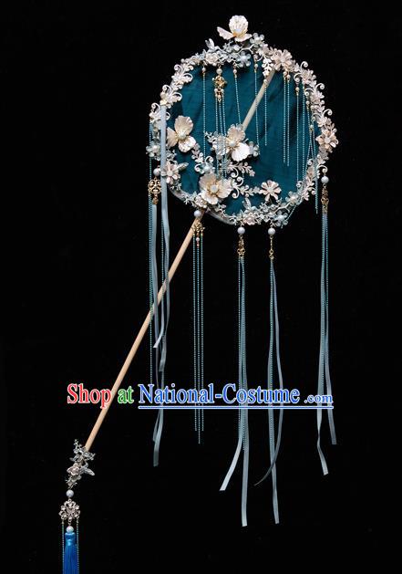 Chinese Ancient Bride Prop Blue Ribbon Silk Palace Fans Traditional Wedding Xiu He Accessories Round Fan for Women