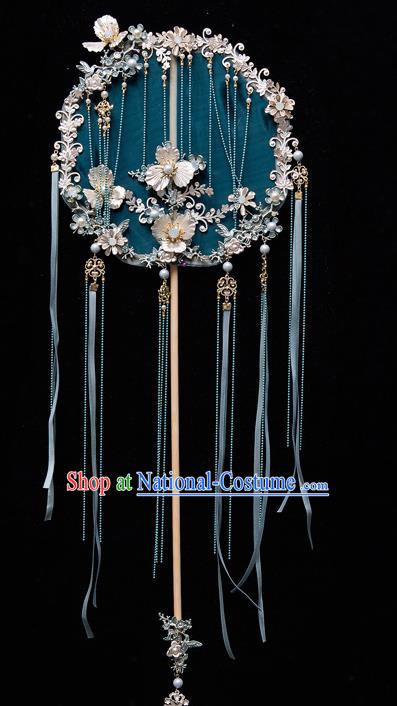 Chinese Ancient Bride Prop Blue Ribbon Silk Palace Fans Traditional Wedding Xiu He Accessories Round Fan for Women