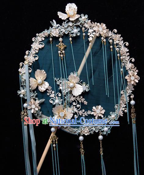 Chinese Ancient Bride Prop Blue Ribbon Silk Palace Fans Traditional Wedding Xiu He Accessories Round Fan for Women