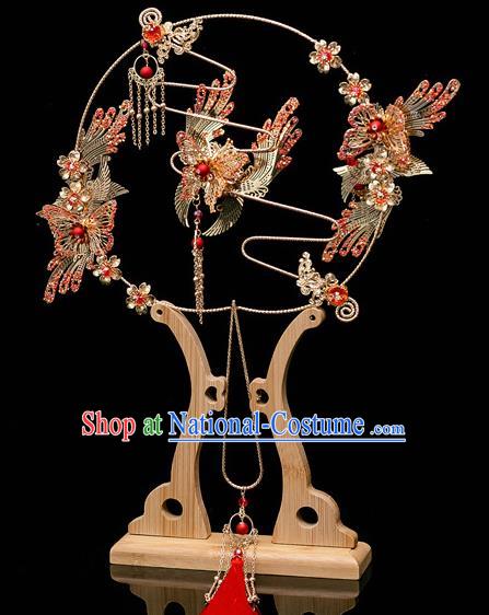 Chinese Ancient Bride Prop Phoenix Butterfly Palace Fans Traditional Wedding Xiu He Accessories Round Fan for Women