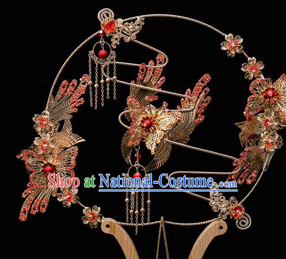 Chinese Ancient Bride Prop Phoenix Butterfly Palace Fans Traditional Wedding Xiu He Accessories Round Fan for Women