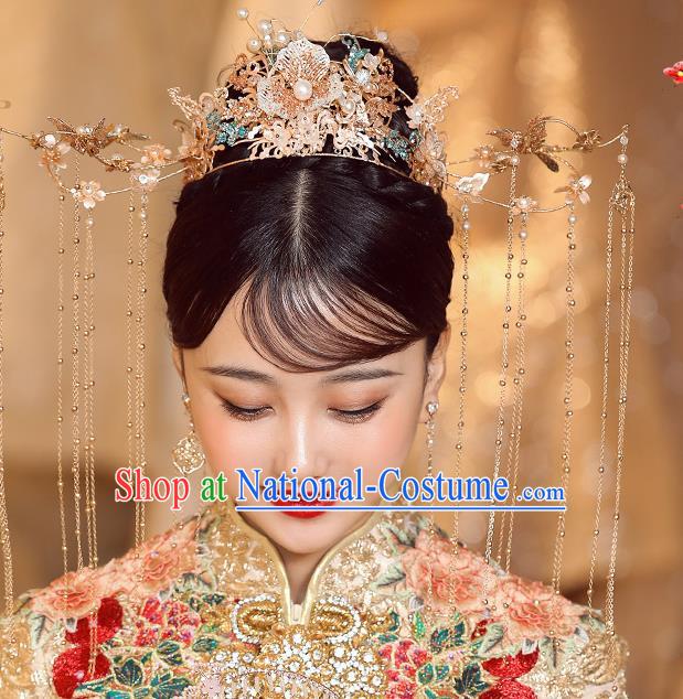 Chinese Ancient Bride Phoenix Coronet Tassel Hairpins Traditional Wedding Xiu He Hair Accessories Complete Set for Women