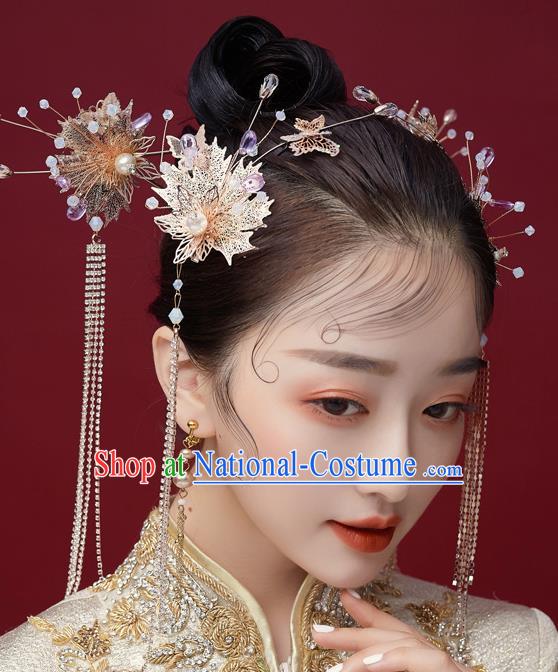 Chinese Ancient Bride Golden Leaf Tassel Hairpins Traditional Wedding Xiu He Hair Accessories Complete Set for Women