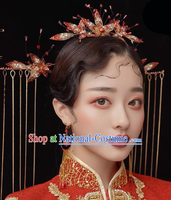 Chinese Ancient Bride Red Crystal Hair Comb Tassel Hairpins Traditional Wedding Xiu He Hair Accessories Complete Set for Women