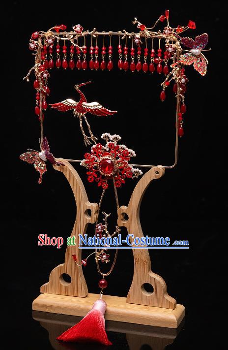 Chinese Ancient Bride Prop Red Crane Palace Fans Traditional Wedding Xiu He Accessories Round Fan for Women