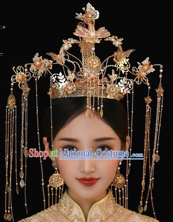 Chinese Ancient Bride Tassel Hairpins Golden Pearls Phoenix Coronet Traditional Wedding Xiu He Hair Accessories Complete Set for Women