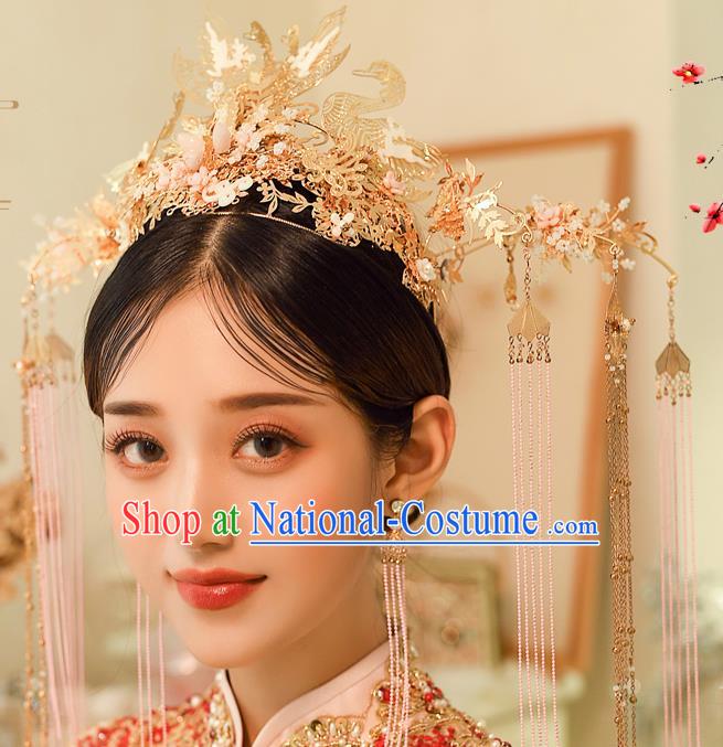 Chinese Ancient Bride Golden Swan Phoenix Coronet Tassel Hairpins Traditional Wedding Xiu He Hair Accessories Complete Set for Women