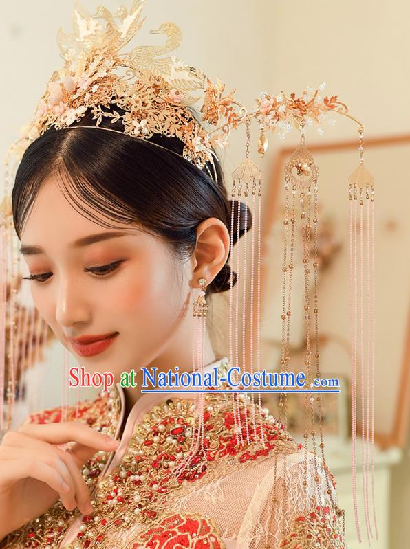 Chinese Ancient Bride Golden Swan Phoenix Coronet Tassel Hairpins Traditional Wedding Xiu He Hair Accessories Complete Set for Women