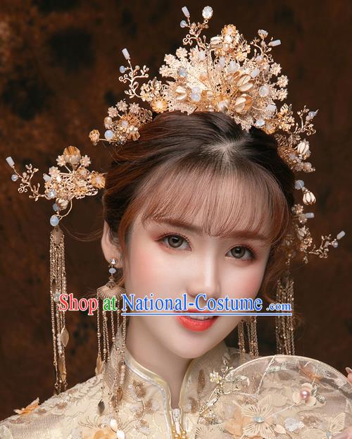 Chinese Ancient Bride Golden Hair Crown Tassel Hairpins Traditional Wedding Xiu He Hair Accessories Complete Set for Women