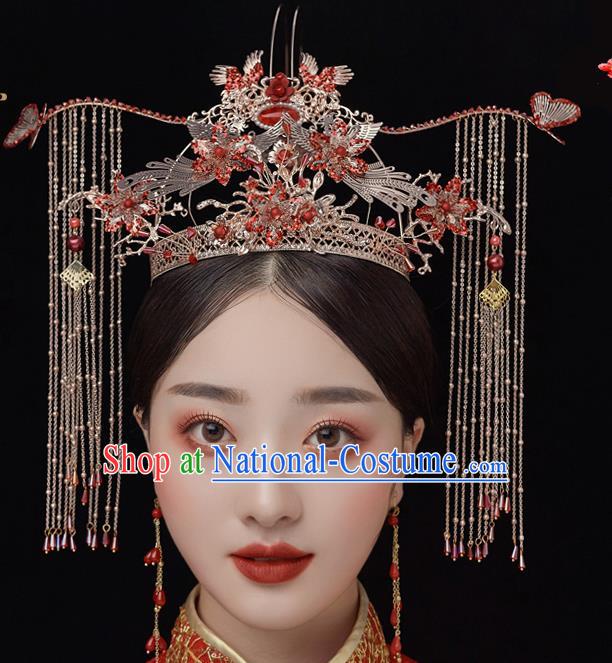 Chinese Ancient Bride Red Crystal Phoenix Coronet Tassel Hairpins Traditional Wedding Xiu He Hair Accessories Complete Set for Women