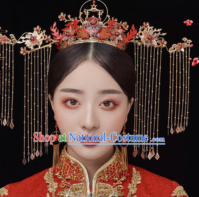 Chinese Ancient Bride Red Knot Phoenix Coronet Tassel Hairpins Traditional Wedding Xiu He Hair Accessories Complete Set for Women