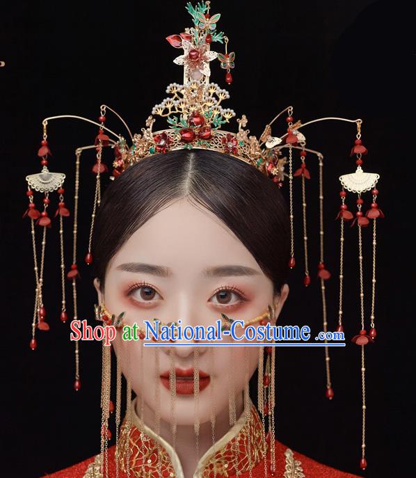 Chinese Ancient Bride Pine Phoenix Coronet Tassel Hairpins Traditional Wedding Xiu He Hair Accessories Complete Set for Women