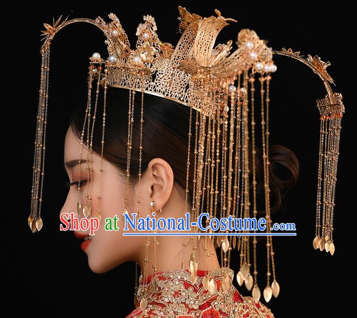 Chinese Ancient Bride Deluxe Phoenix Coronet Tassel Hairpins Traditional Wedding Xiu He Hair Accessories Complete Set for Women