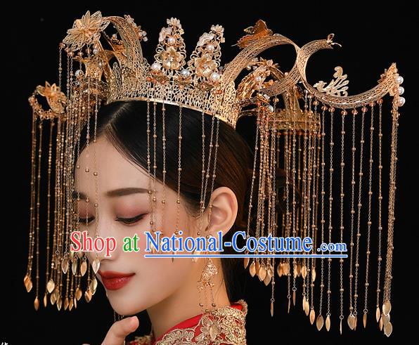 Chinese Ancient Bride Deluxe Phoenix Coronet Tassel Hairpins Traditional Wedding Xiu He Hair Accessories Complete Set for Women